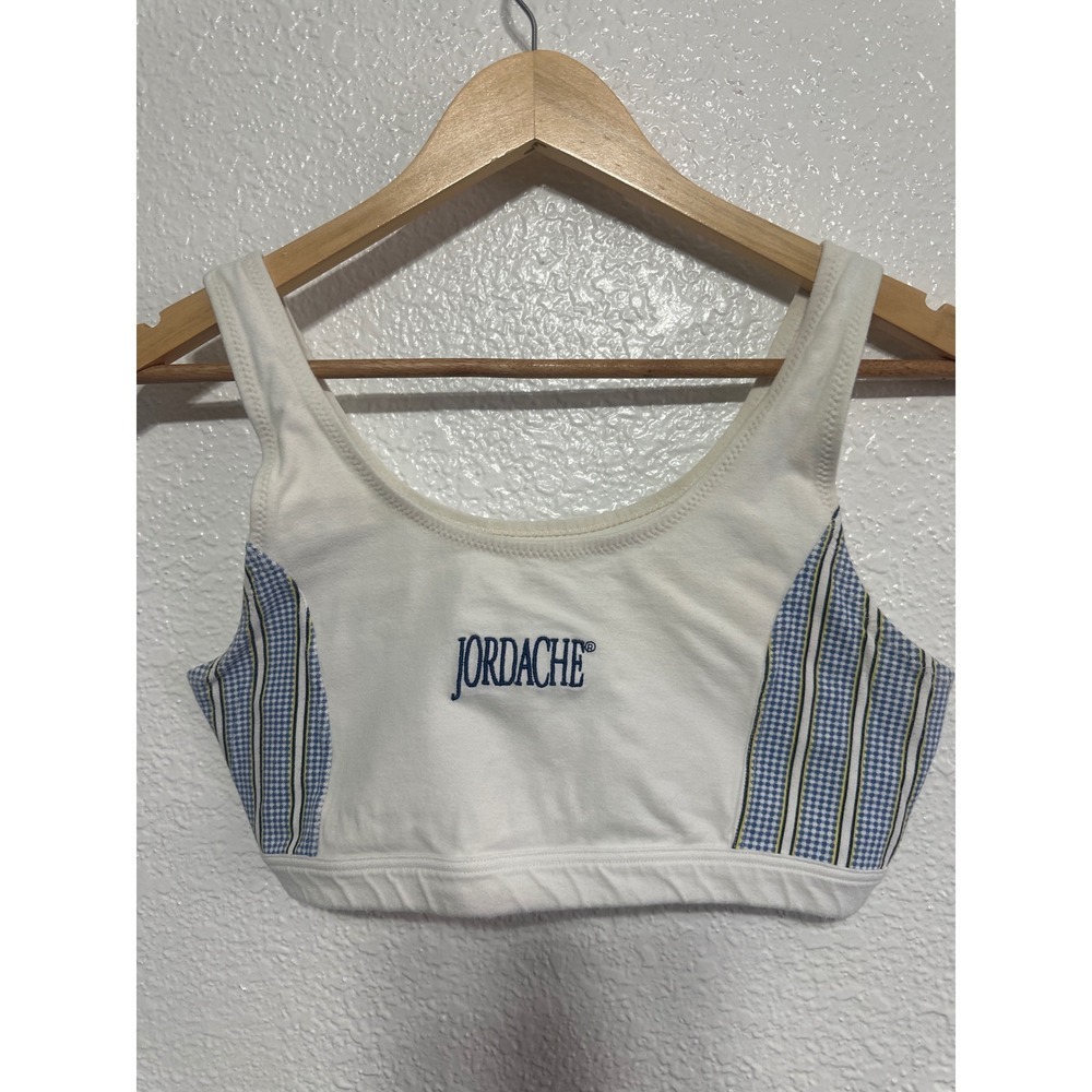 VTG Jordache Women's White Crop Top Blue Gingham Trimmed Accents Casual